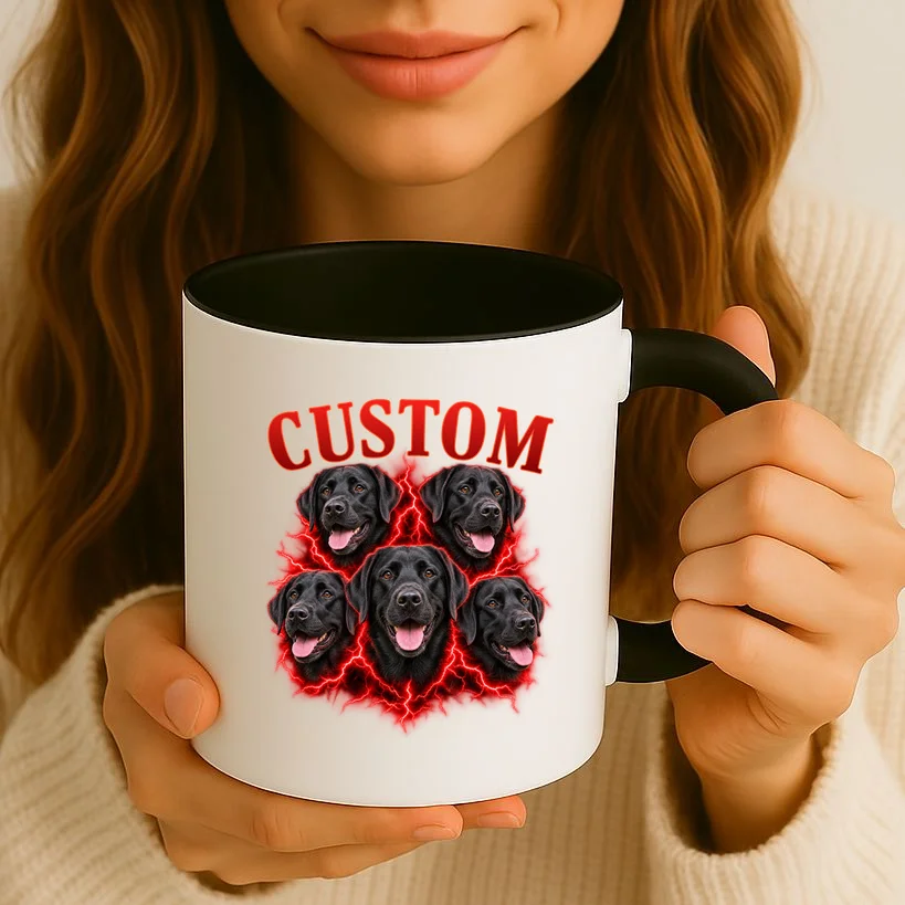 Custom Dog Portrait T-shirt - Personalized Pet Photo Graphic Tee Mug - Front 2