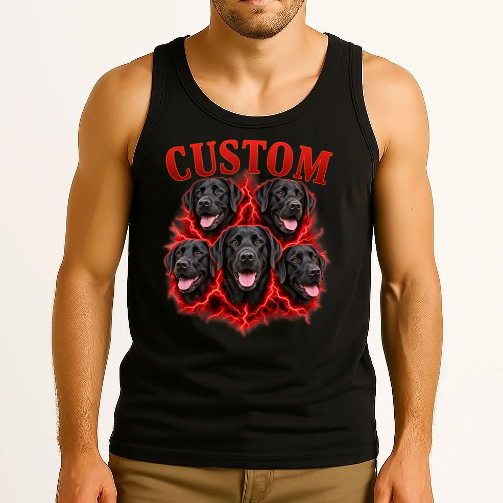 Custom Dog Portrait T-shirt - Personalized Pet Photo Graphic Tee Men's Tank Top - Front 2