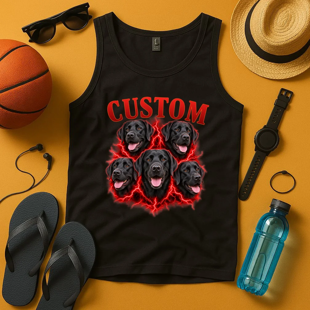 Custom Dog Portrait T-shirt - Personalized Pet Photo Graphic Tee Men's Tank Top - Front 3