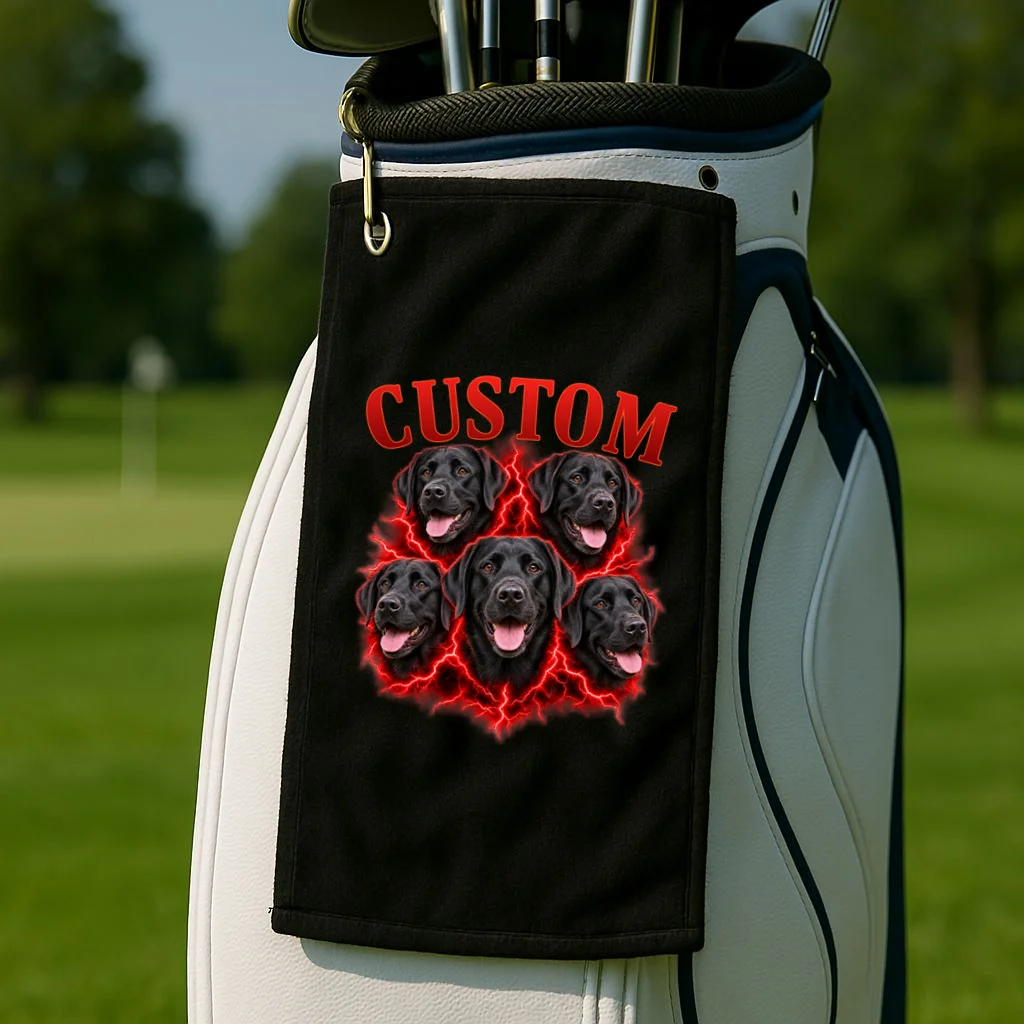 Custom Dog Portrait T-shirt - Personalized Pet Photo Graphic Tee Golf Towel - Front 2