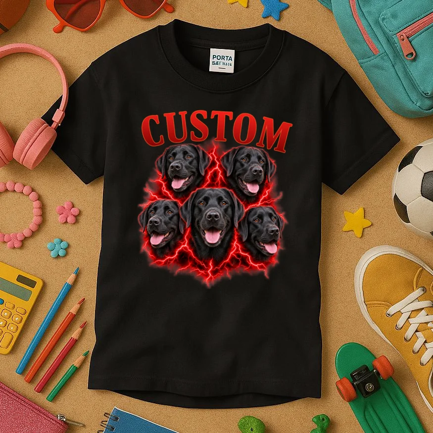 Custom Dog Portrait T-shirt - Personalized Pet Photo Graphic Tee Kids T-Shirt - Front 2