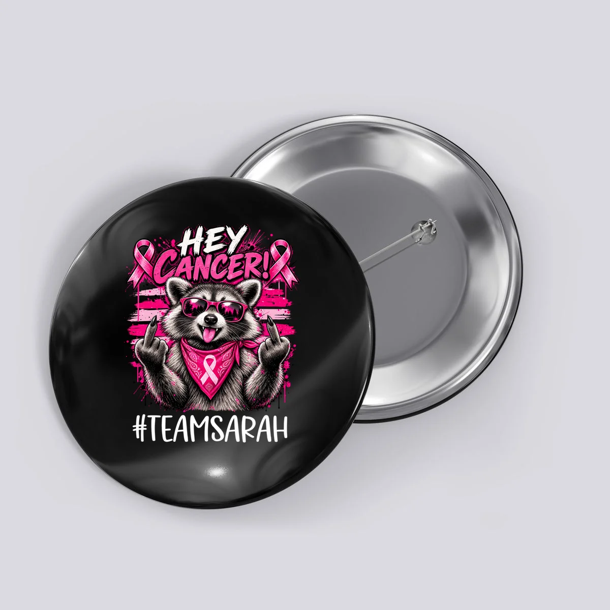 Hey Cancer Custom Breast Cancer Awareness Custom Name Button - Front