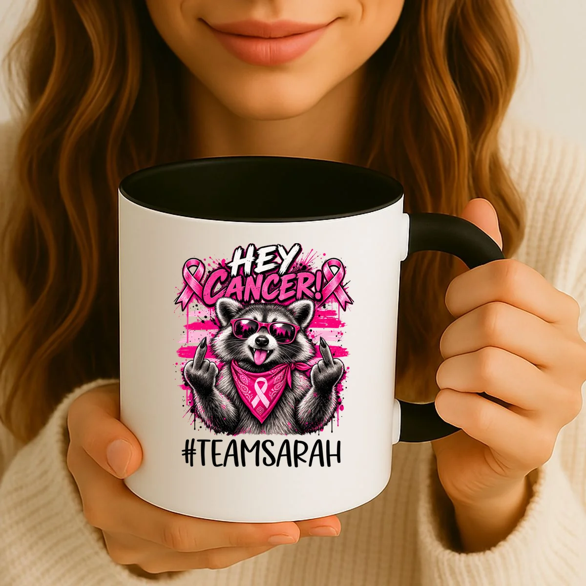 Hey Cancer Custom Breast Cancer Awareness Custom Name Coffee Mug - Front 2