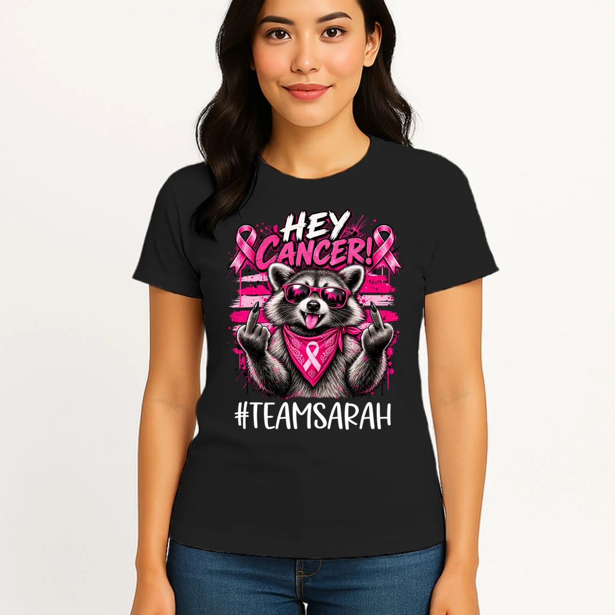 Hey Cancer Custom Breast Cancer Awareness Custom Name Women's T-Shirt - Front 3