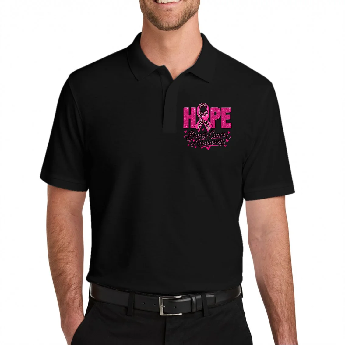Hope – Pink Ribbon Breast Cancer Awareness Design Men's Polo - Front 1