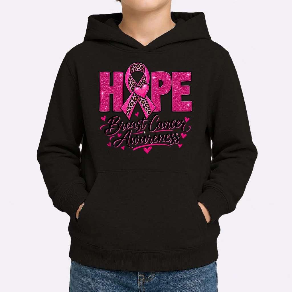 Hope – Pink Ribbon Breast Cancer Awareness Design Kids Hoodie - Front 1