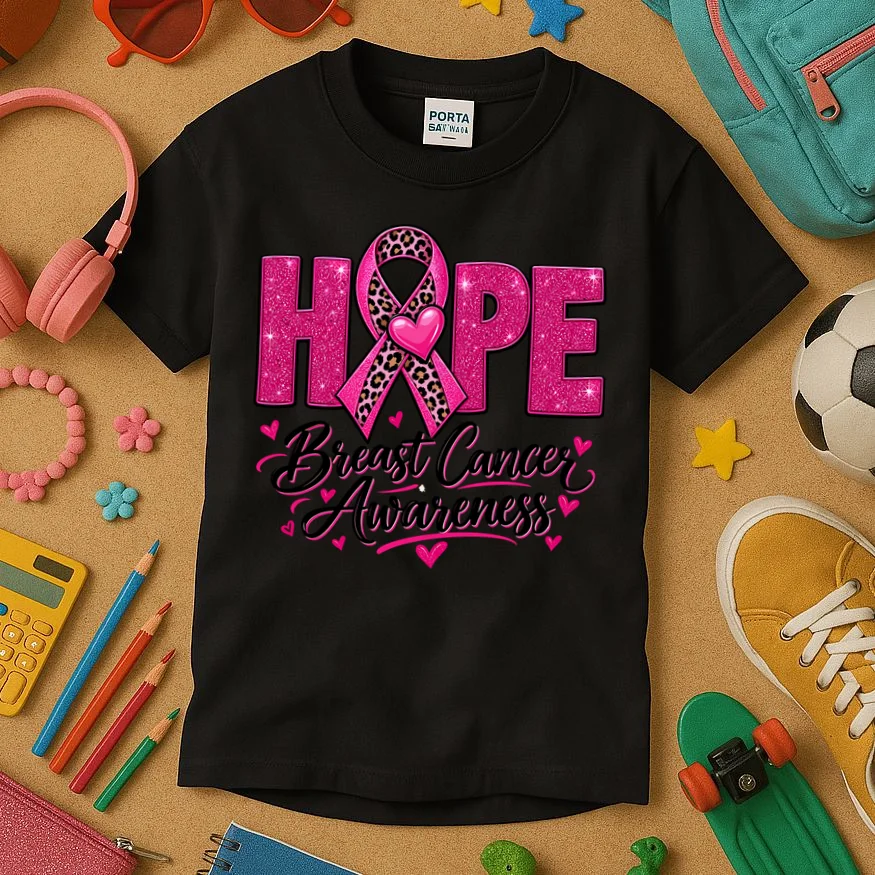 Hope – Pink Ribbon Breast Cancer Awareness Design Kids T-Shirt - Front 2