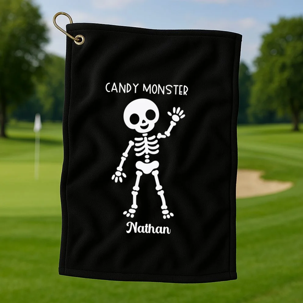 Halloween Skeleton Name Personalized Custom Gift - Candy Monster Custom Halloween Design Golf Towel - Front 1