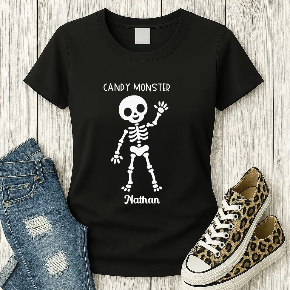 Halloween Skeleton Name Personalized Custom Gift - Candy Monster Custom Halloween Design Women's T-Shirt - Front 2