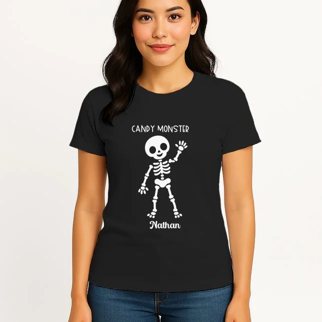 Halloween Skeleton Name Personalized Custom Gift - Candy Monster Custom Halloween Design Women's T-Shirt - Front 3