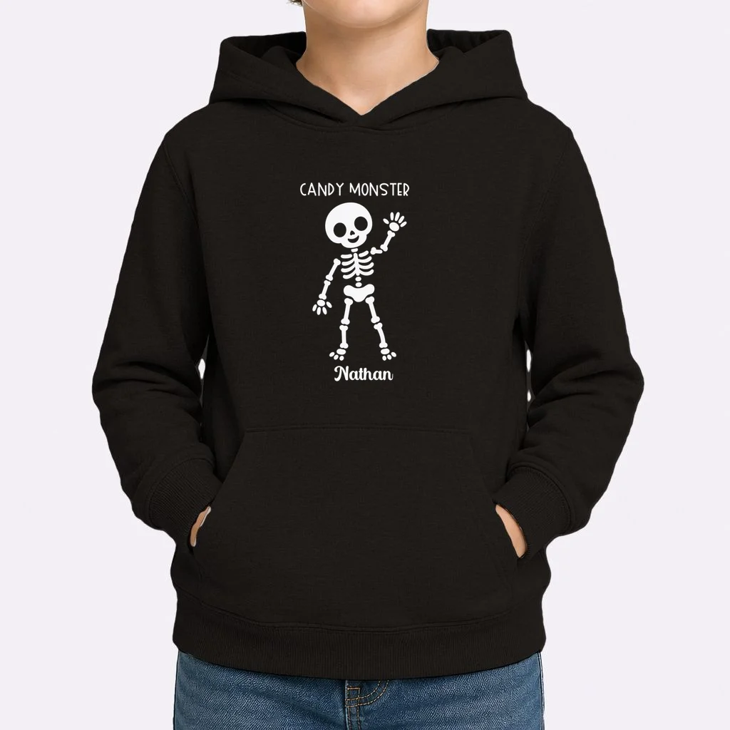 Halloween Skeleton Name Personalized Custom Gift - Candy Monster Custom Halloween Design Kids Hoodie - Front 1