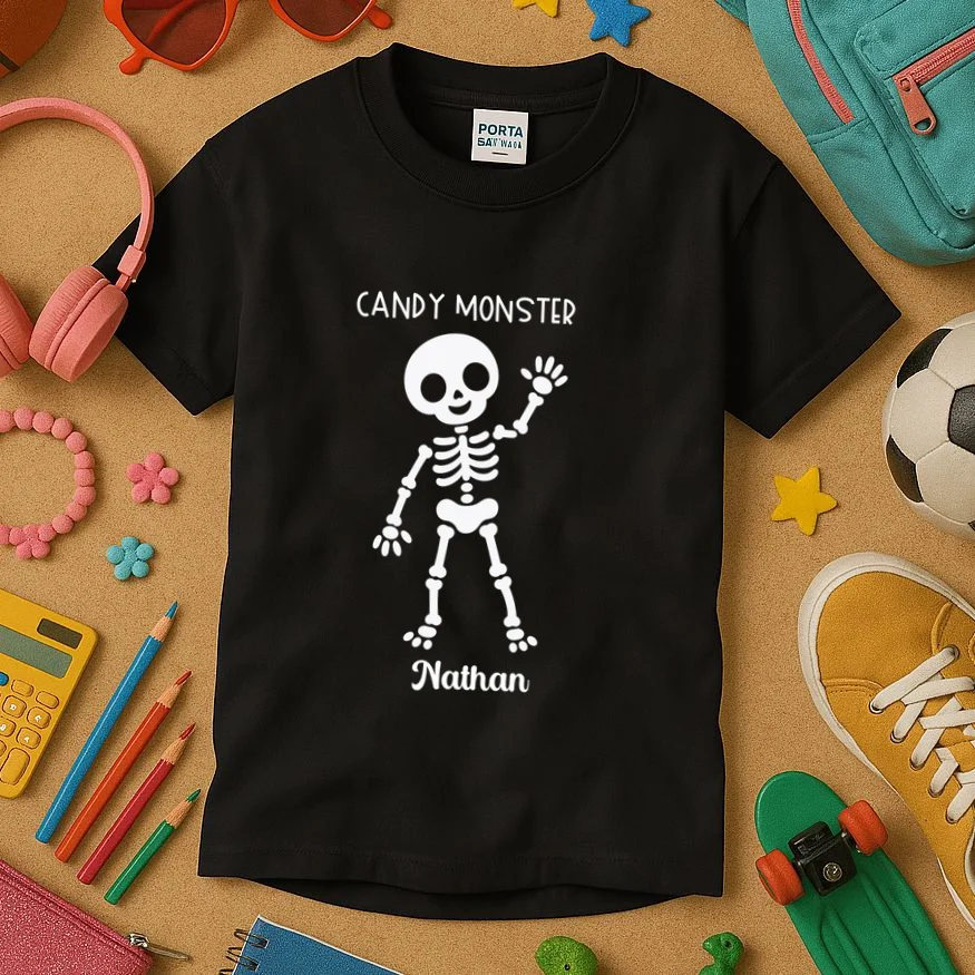 Halloween Skeleton Name Personalized Custom Gift - Candy Monster Custom Halloween Design Kids T-Shirt - Front 2