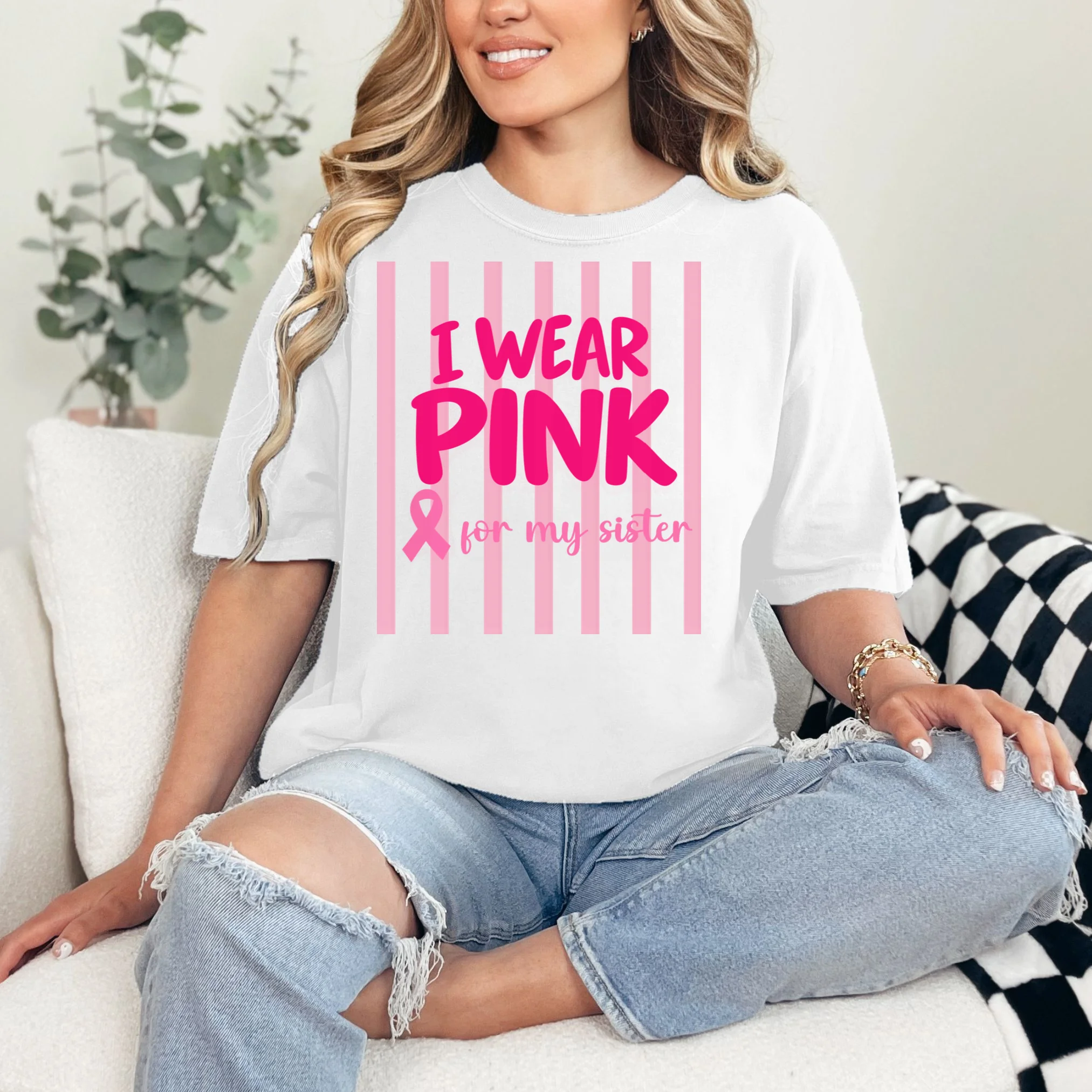 I Wear Pink for My Sister Breast Cancer Awareness Custom Gift - Pink Ribbon Personalized Relationship Design Comfort Colors Unisex T-Shirt - Front 1