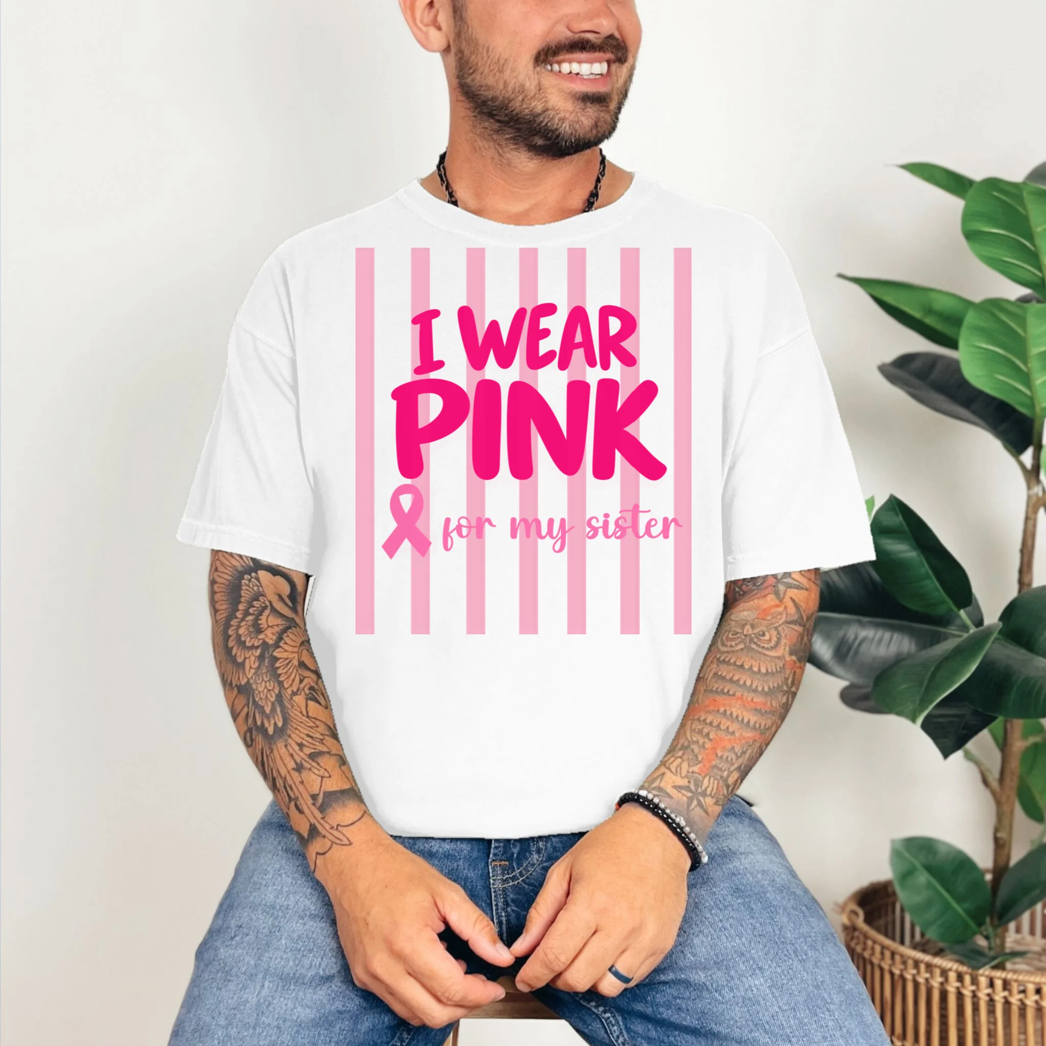 I Wear Pink for My Sister Breast Cancer Awareness Custom Gift - Pink Ribbon Personalized Relationship Design Comfort Colors Unisex T-Shirt - Front 2