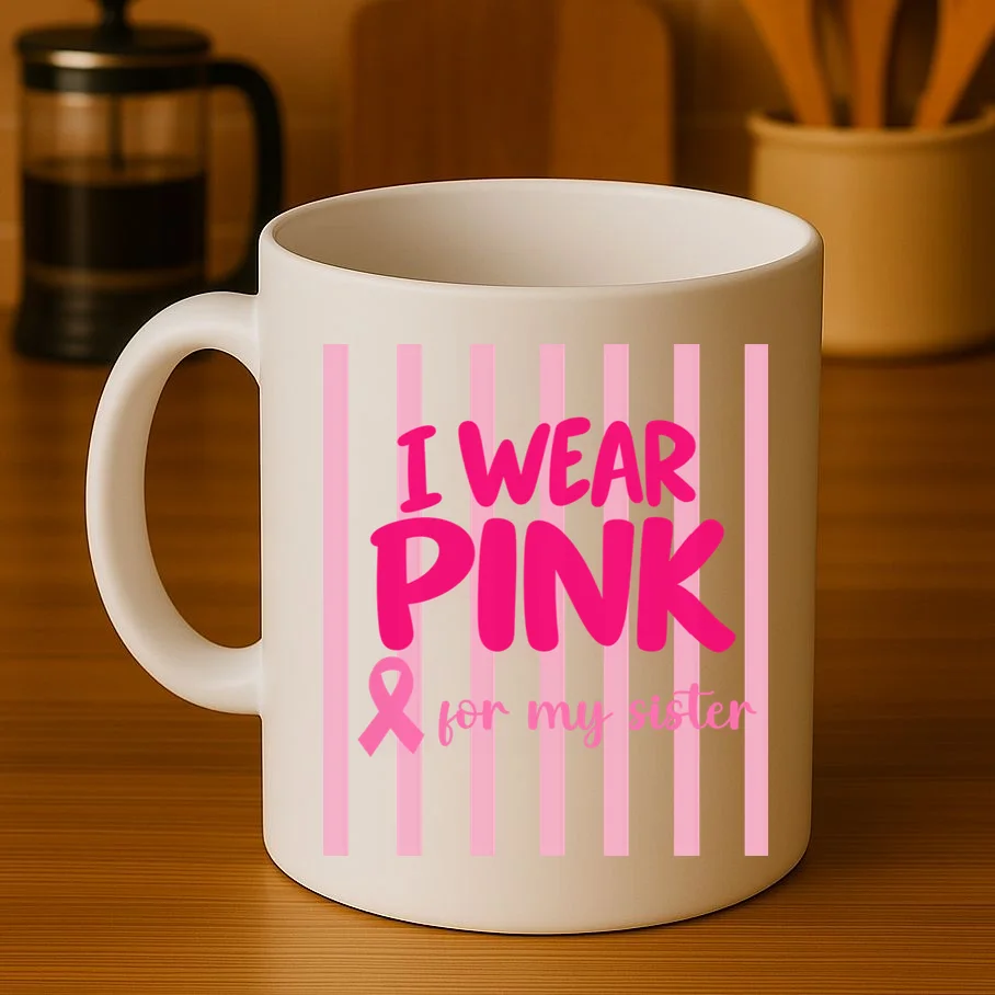 I Wear Pink for My Sister Breast Cancer Awareness Custom Gift - Pink Ribbon Personalized Relationship Design Mug - Front 3