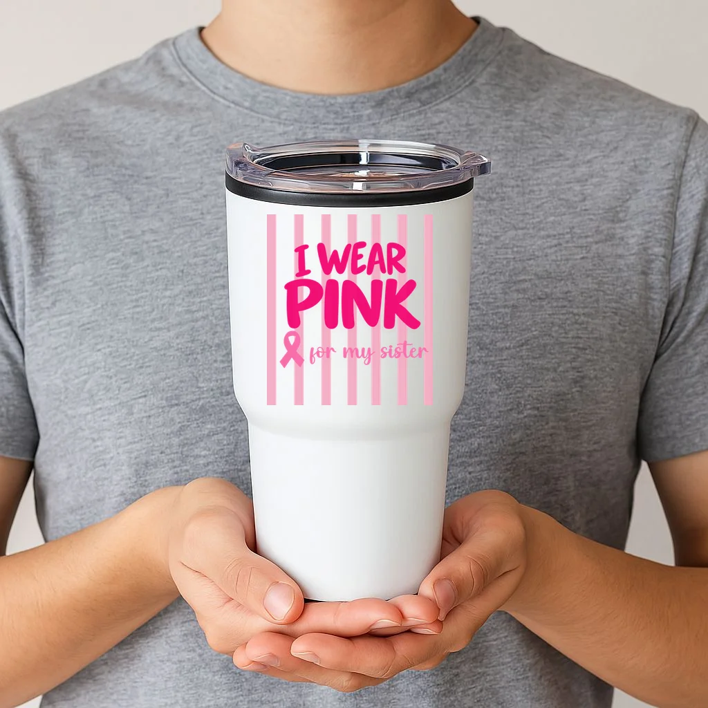 I Wear Pink for My Sister Breast Cancer Awareness Custom Gift - Pink Ribbon Personalized Relationship Design 20oz Tumbler - Front 1