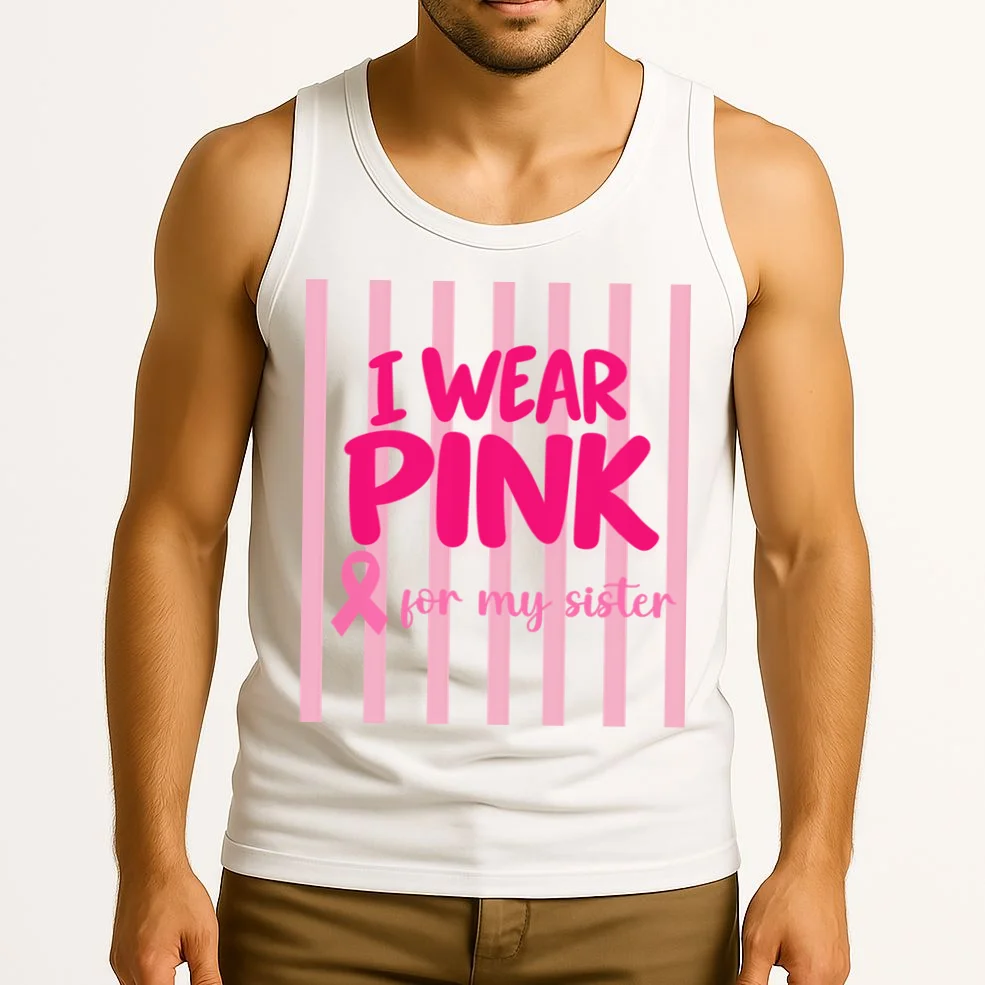 I Wear Pink for My Sister Breast Cancer Awareness Custom Gift - Pink Ribbon Personalized Relationship Design Men's Tank Top - Front 2