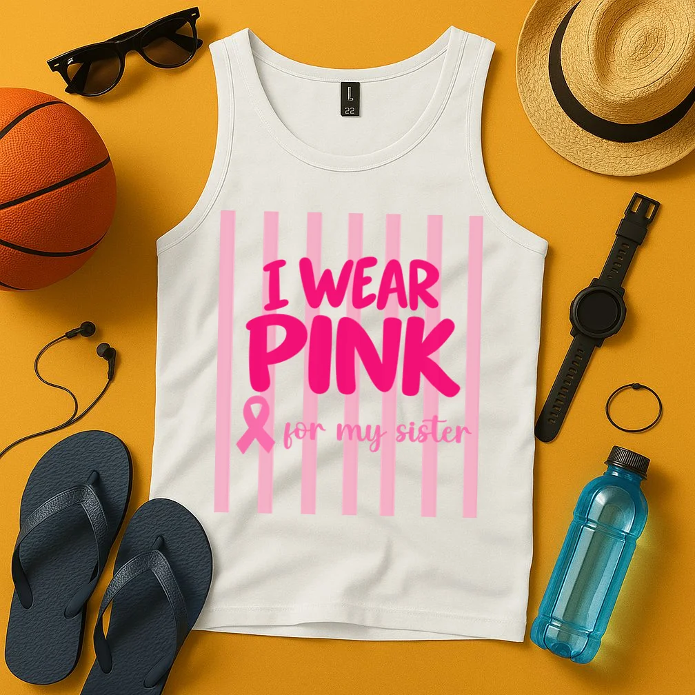 I Wear Pink for My Sister Breast Cancer Awareness Custom Gift - Pink Ribbon Personalized Relationship Design Men's Tank Top - Front 3