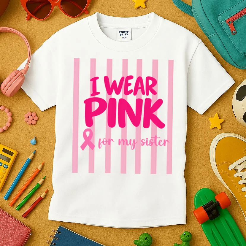 I Wear Pink for My Sister Breast Cancer Awareness Custom Gift - Pink Ribbon Personalized Relationship Design Kids T-Shirt - Front 2
