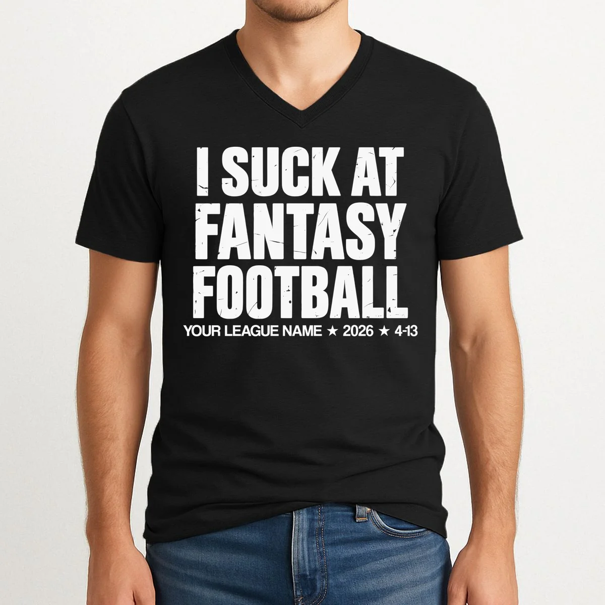 I Suck At Fantasy Personalized Fantasy Football V-Neck T-Shirt - Front 1