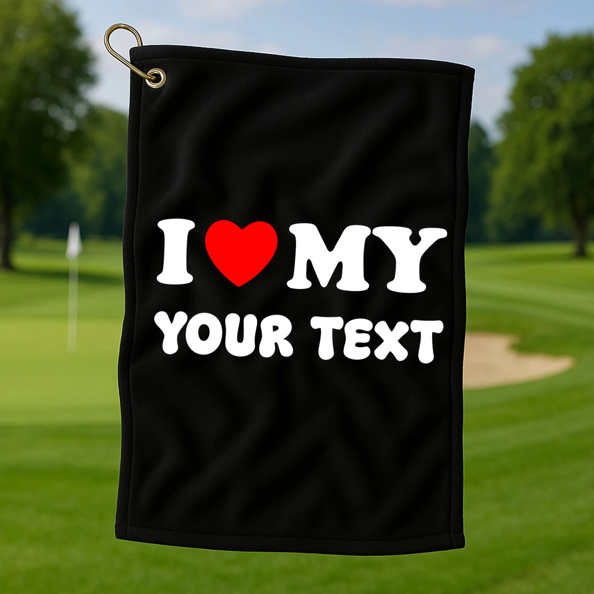 I Love My (Customizable Text) Valentine’s Day Heart Golf Towel - Front 1