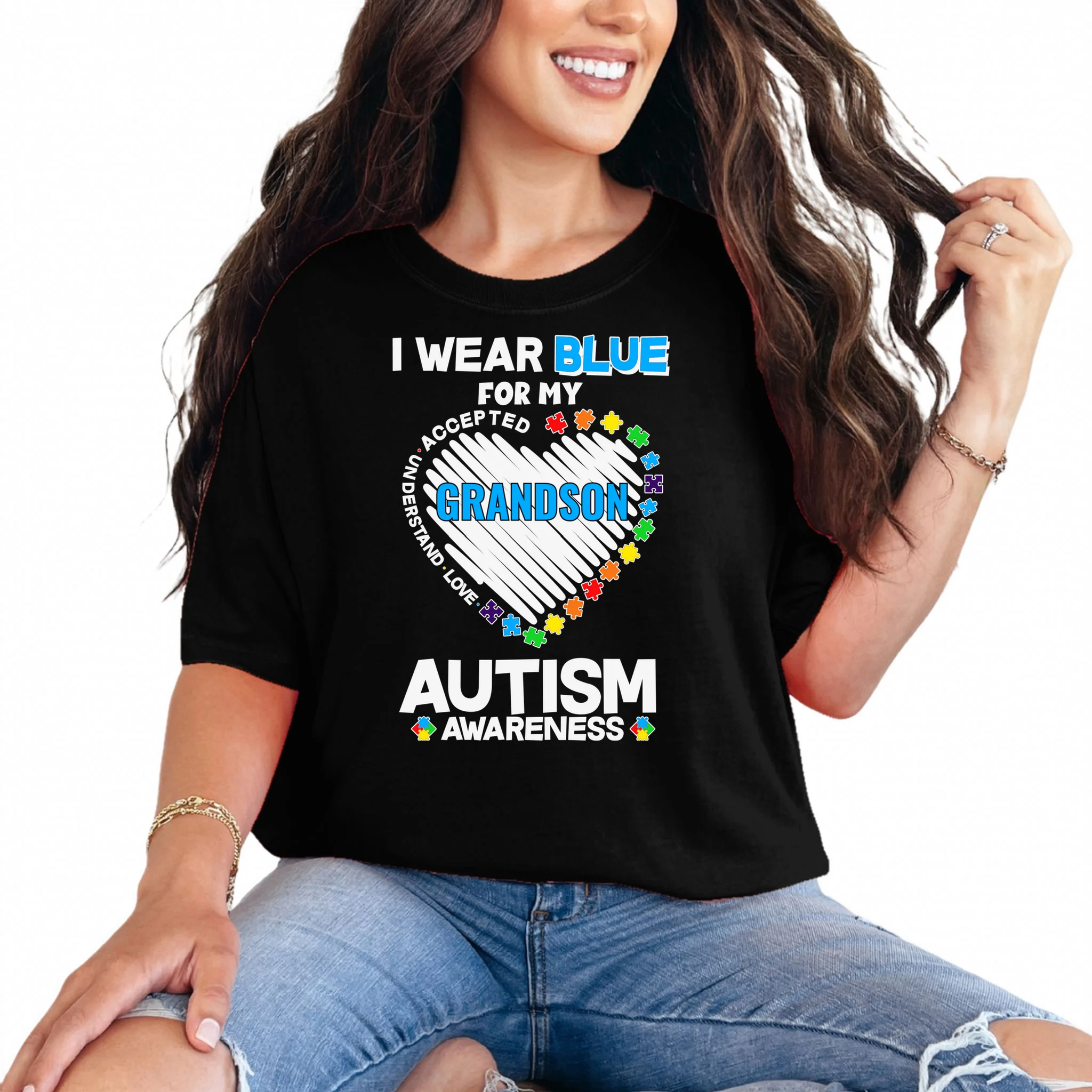 I Wear Blue For Custom Persoanlized Text Autism Awareness T-Shirt Front