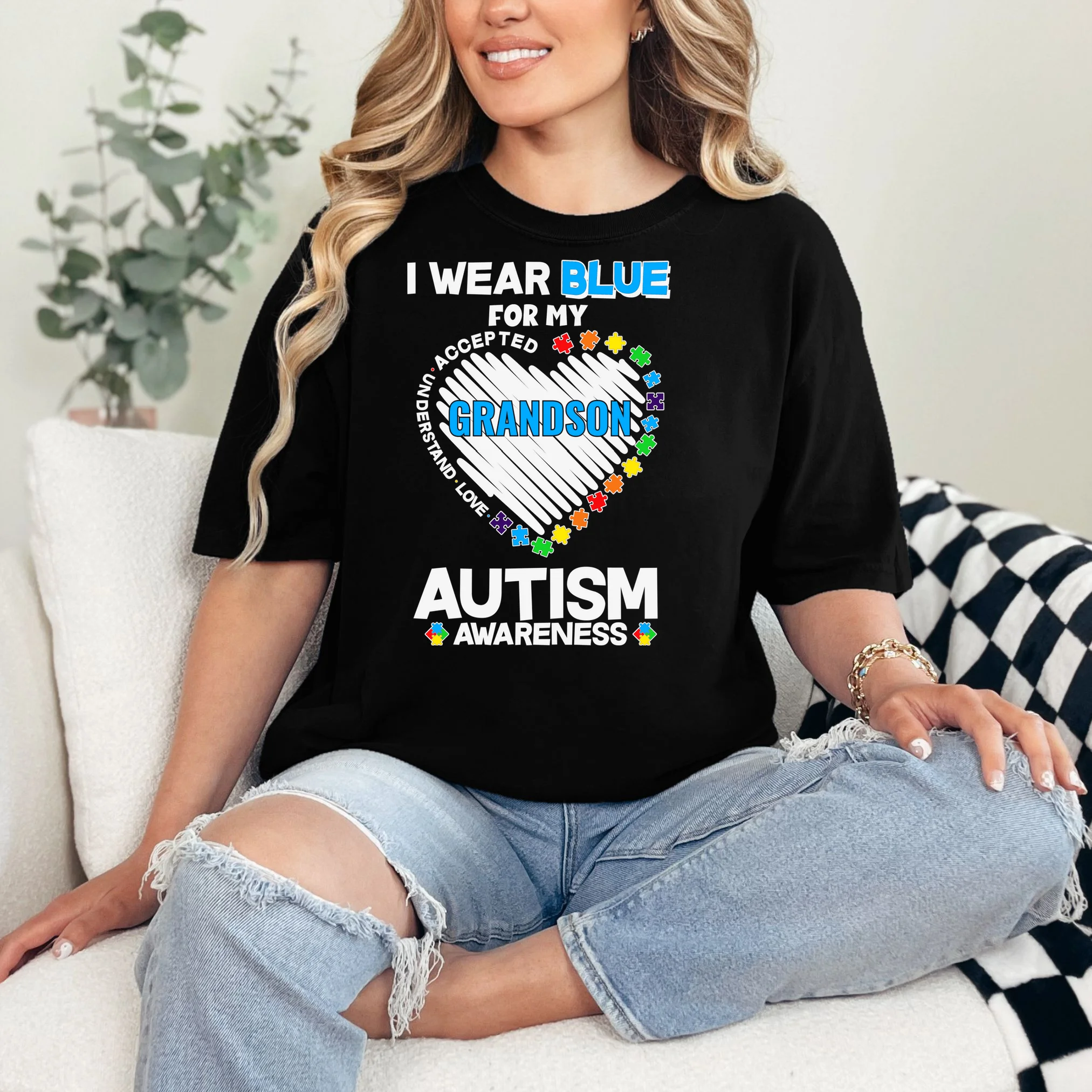 I Wear Blue For Custom Persoanlized Text Autism Awareness T-Shirt - Front 1