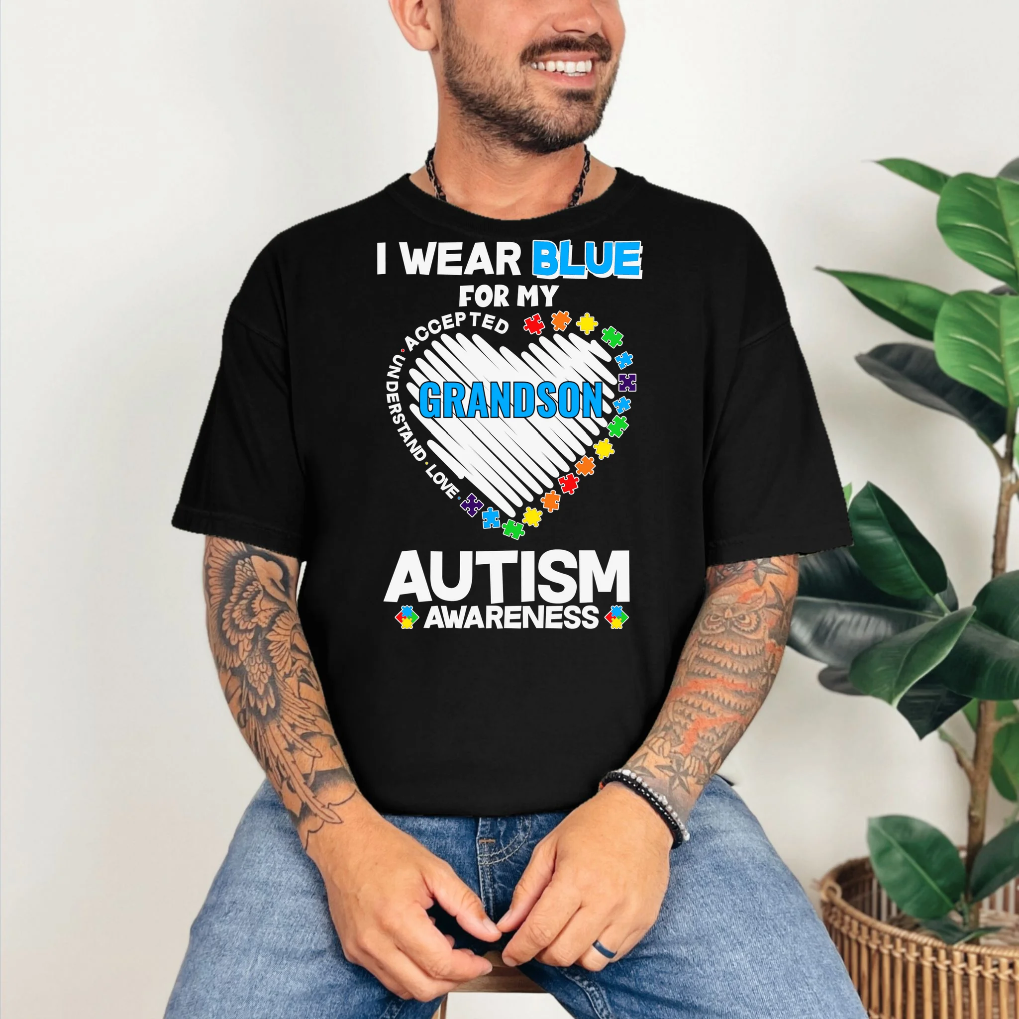 I Wear Blue For Custom Persoanlized Text Autism Awareness T-Shirt - Front 2