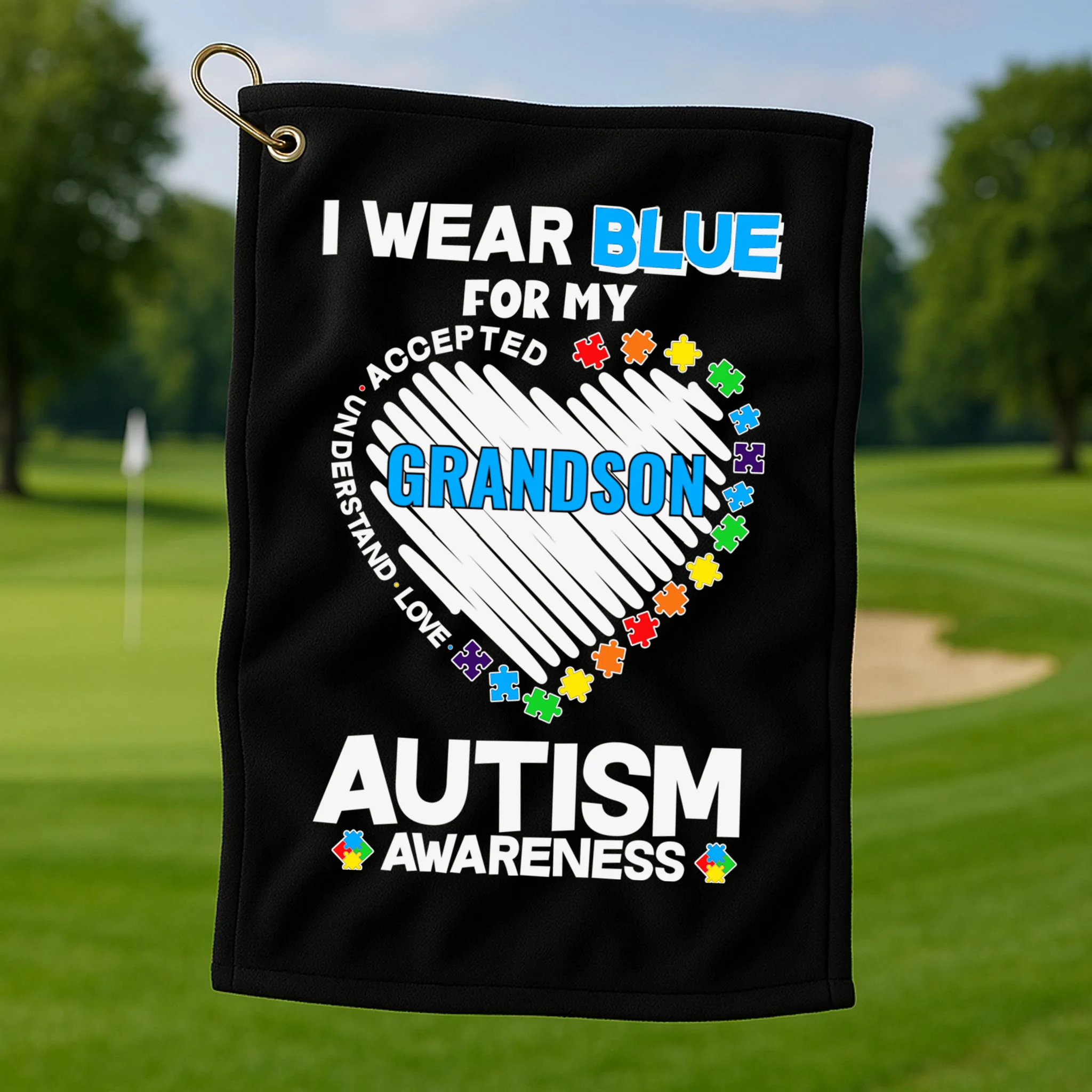 I Wear Blue For Custom Persoanlized Text Autism Awareness Golf Towel - Front 1