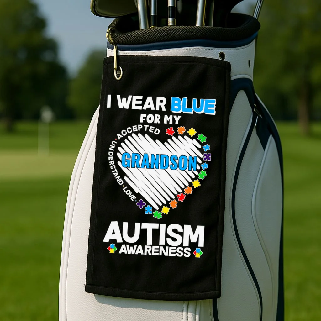 I Wear Blue For Custom Persoanlized Text Autism Awareness Golf Towel - Front 2