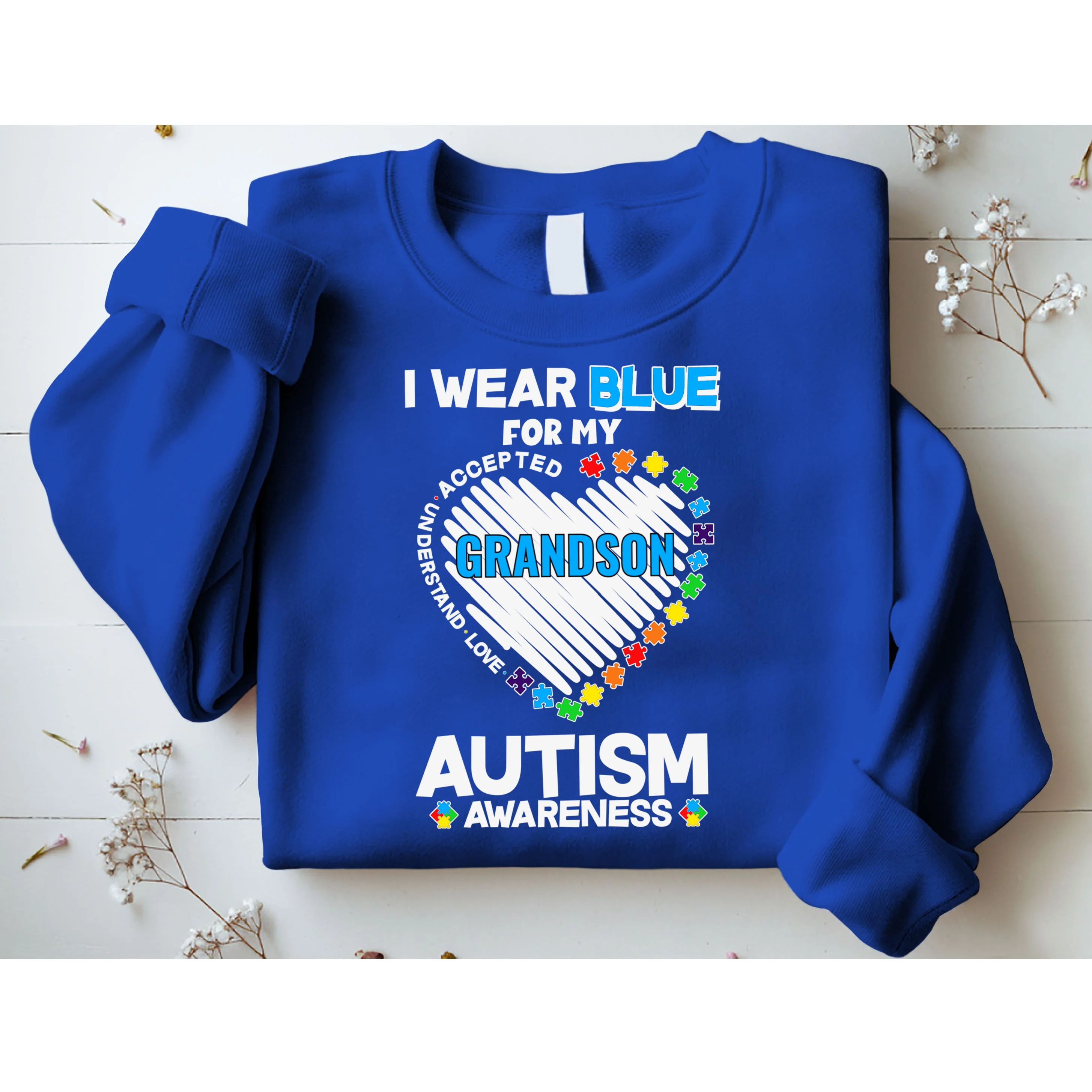 I Wear Blue For Custom Persoanlized Text Autism Awareness Sweatshirt - Front 1