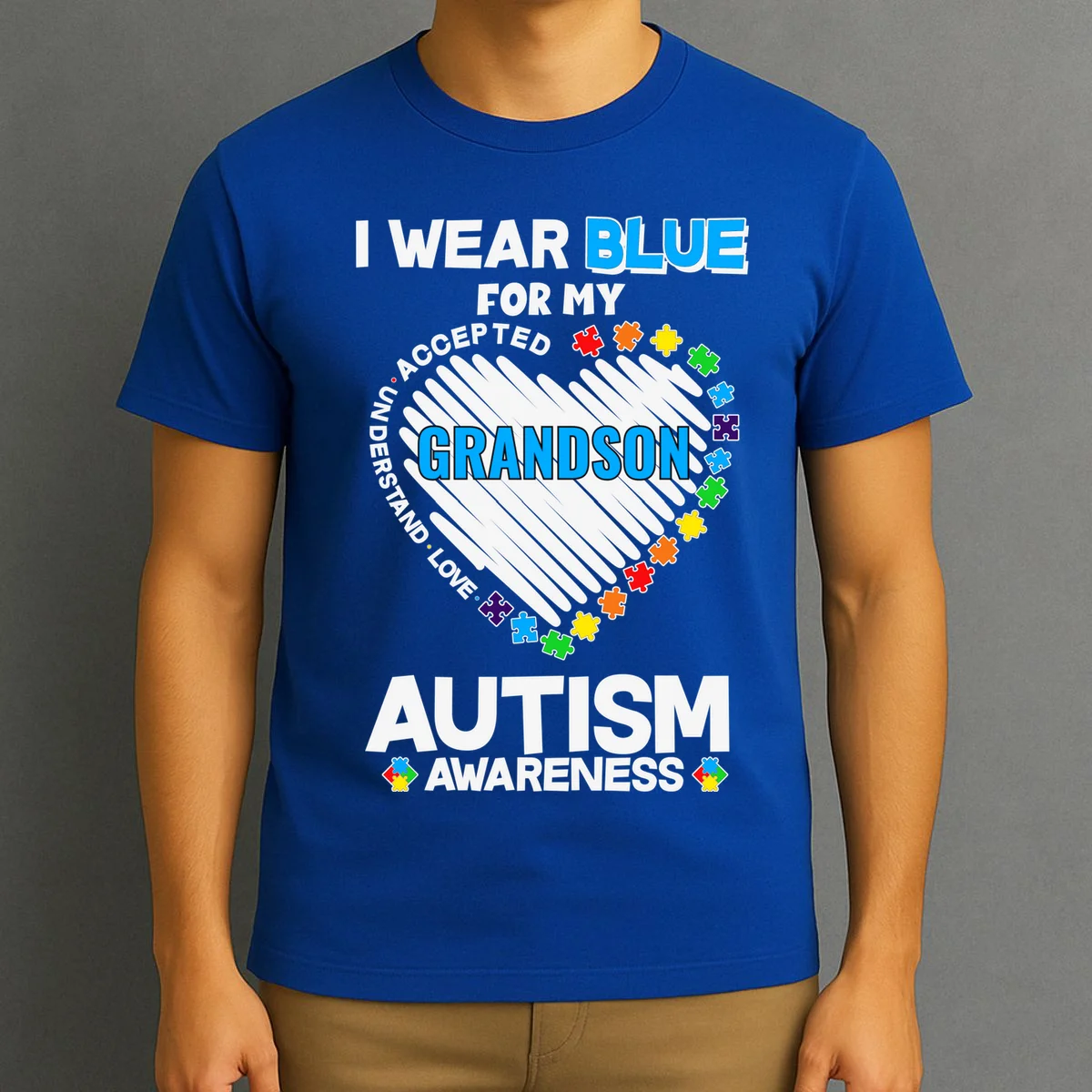 I Wear Blue For Custom Persoanlized Text Autism Awareness T-Shirt - Front 3