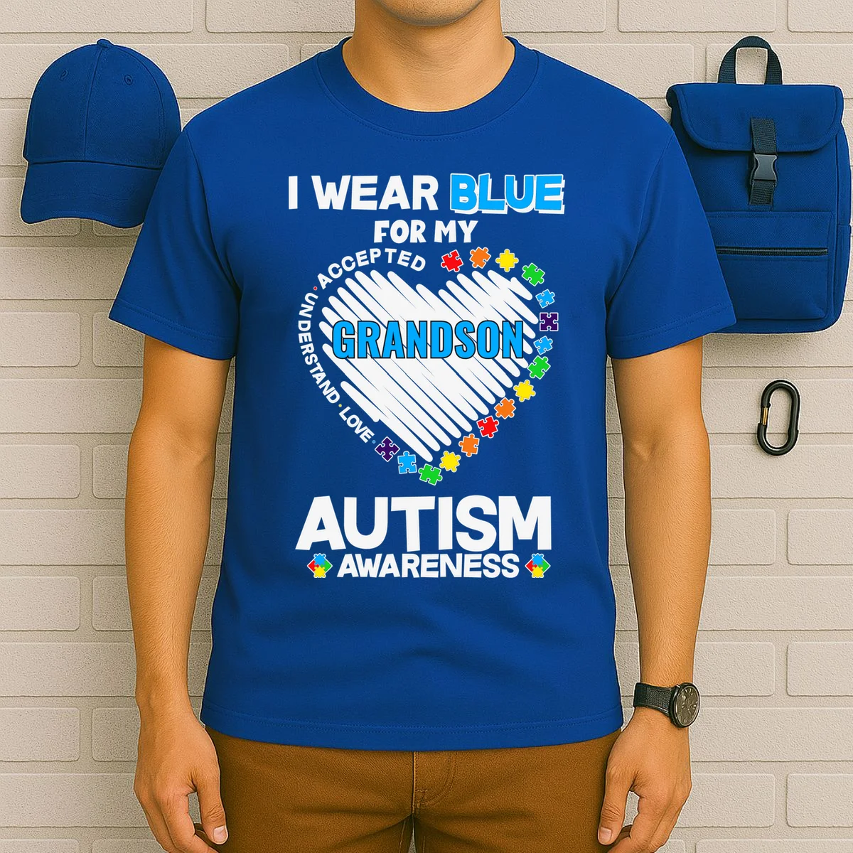 I Wear Blue For Custom Persoanlized Text Autism Awareness T-Shirt - Front 6