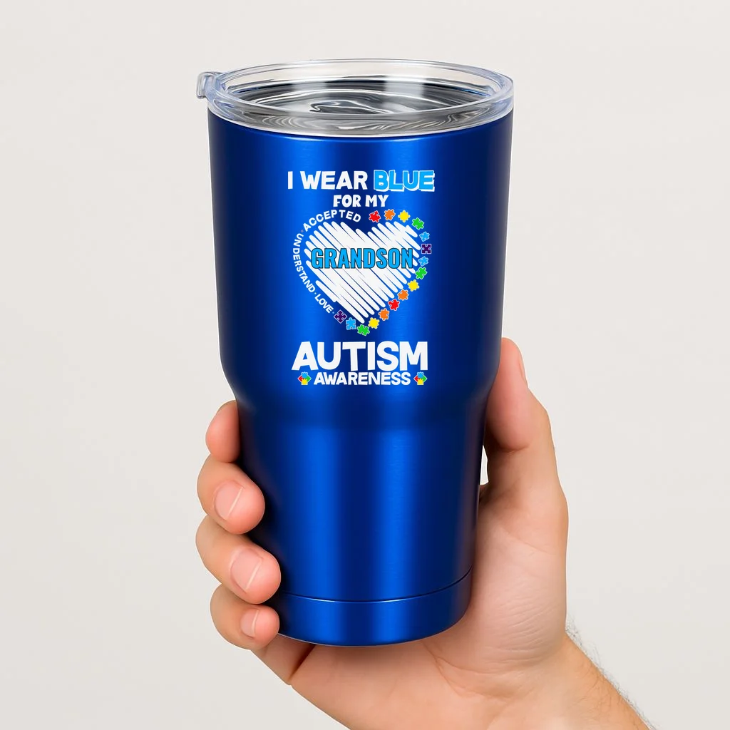 I Wear Blue For Custom Persoanlized Text Autism Awareness 20oz Tumbler - Front 1
