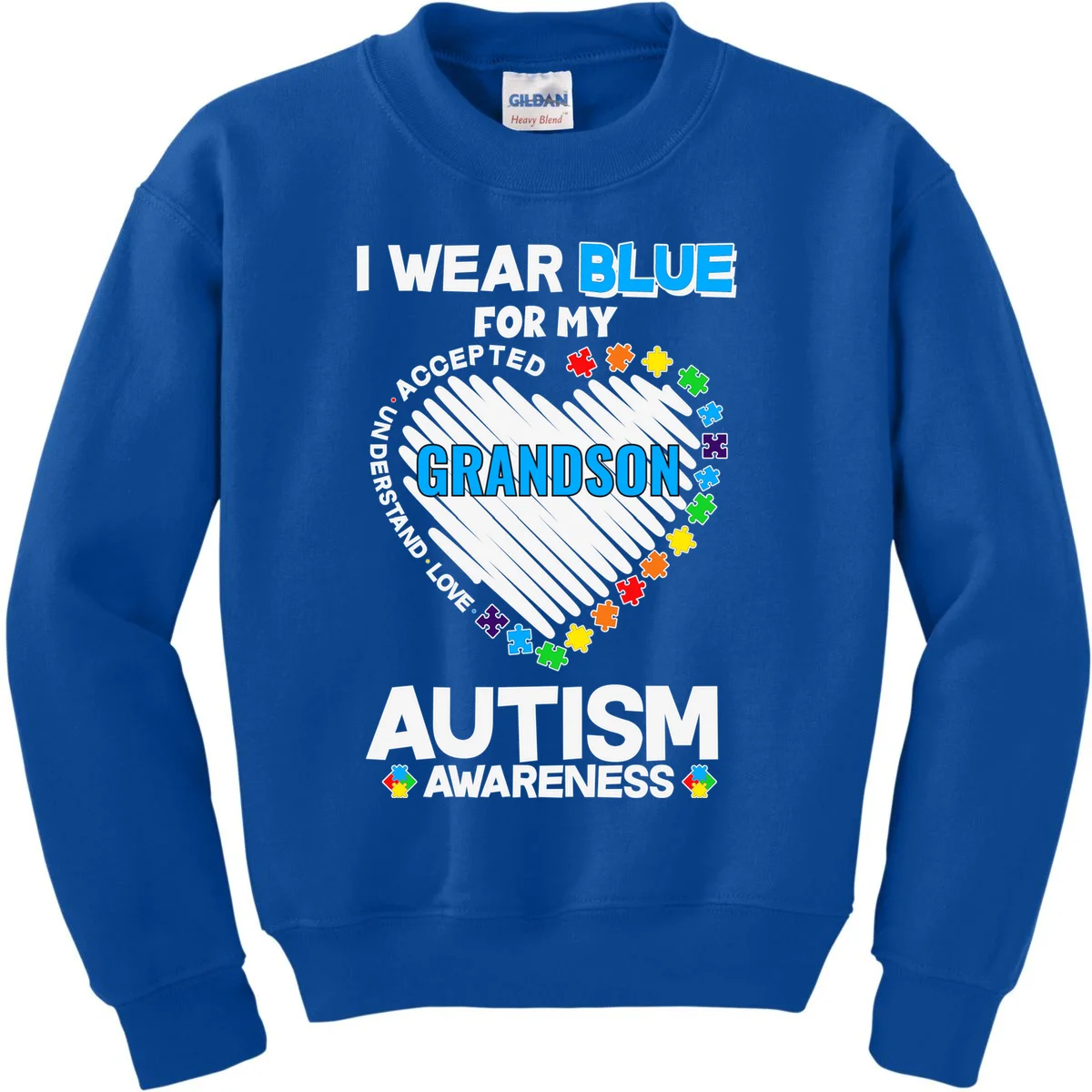 I Wear Blue For Custom Persoanlized Text Autism Awareness Kids Sweatshirt - Front