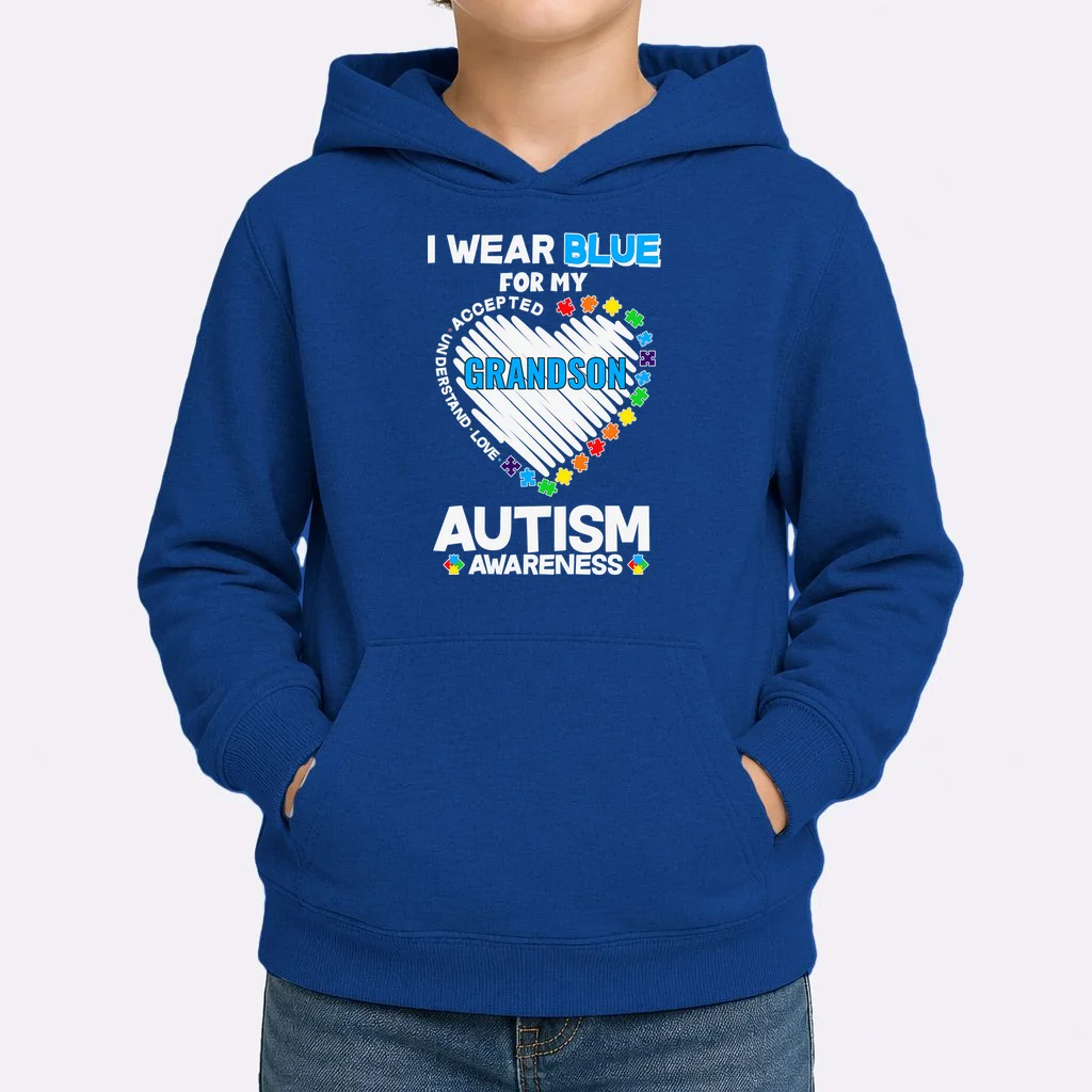 I Wear Blue For Custom Persoanlized Text Autism Awareness Kids Hoodie - Front 1