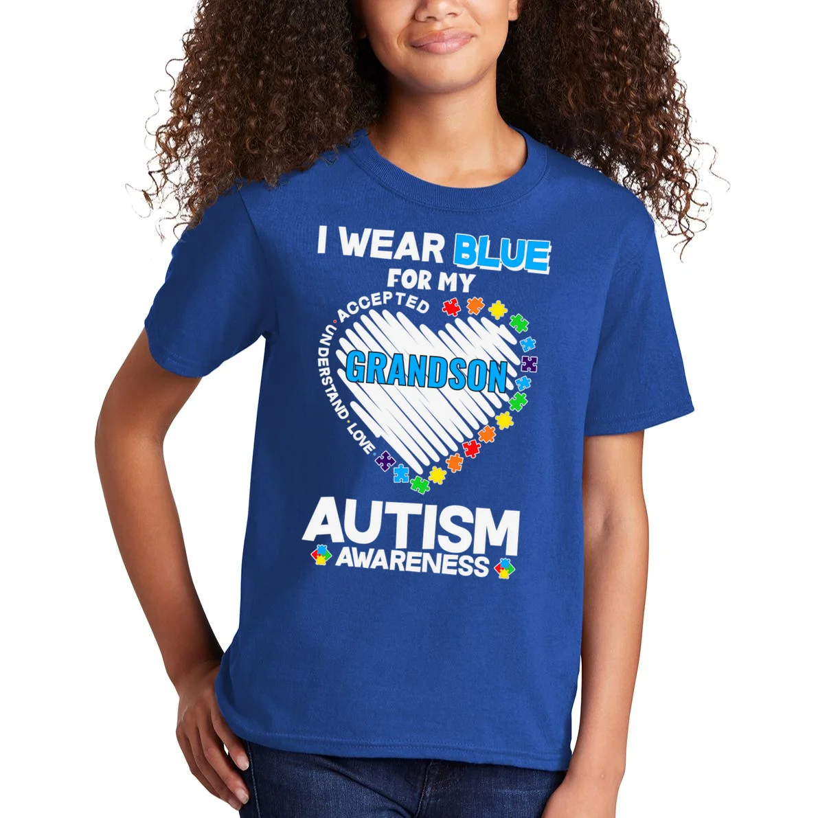 I Wear Blue For Custom Persoanlized Text Autism Awareness Kids T-Shirt - Front 1