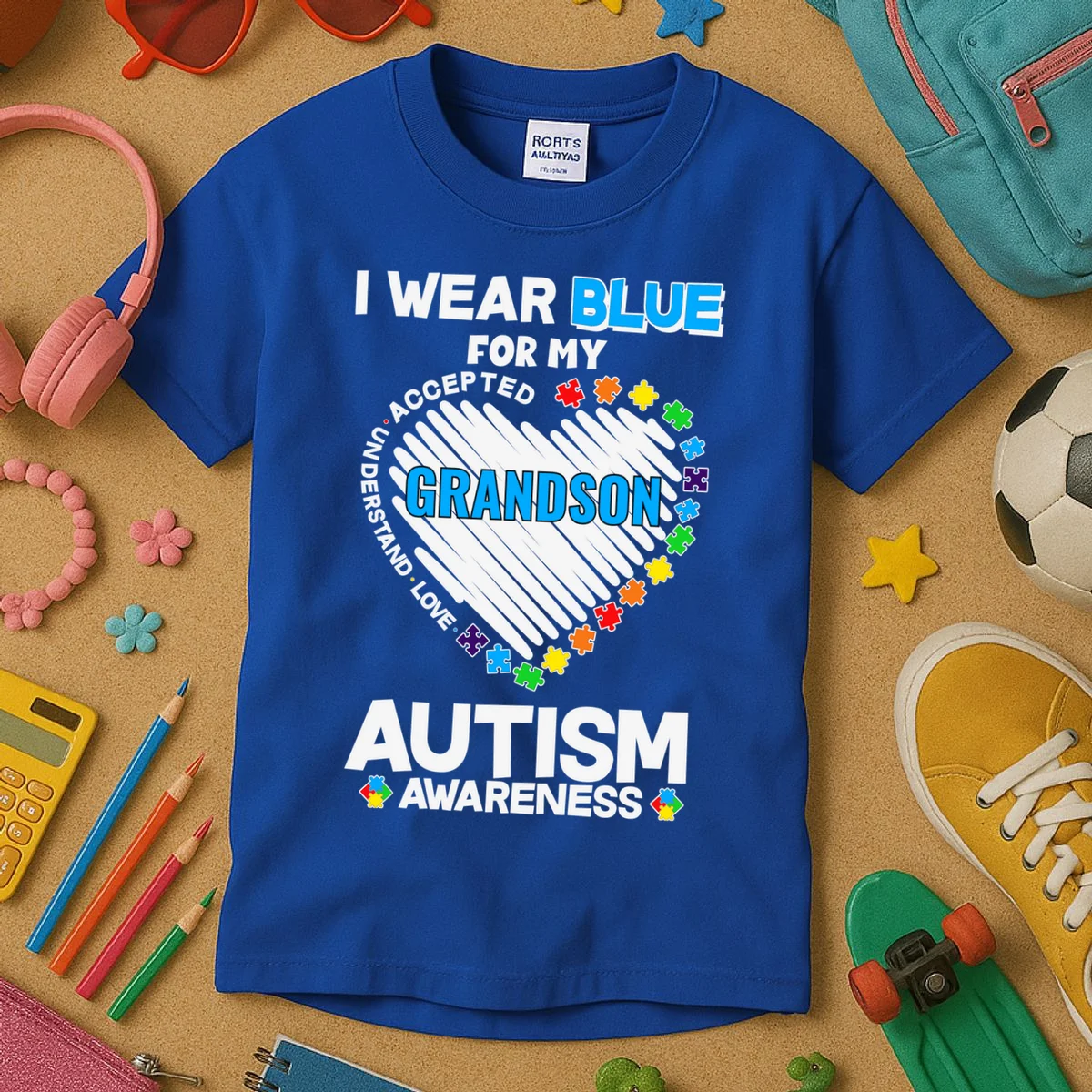 I Wear Blue For Custom Persoanlized Text Autism Awareness Kids T-Shirt - Front 2