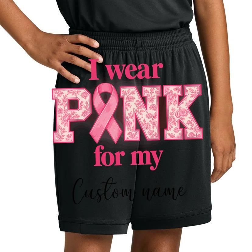 I Wear Pink for My Custom Name – Personalized Pink Ribbon Floral Breast Cancer Awareness Kids Shorts - Front 1