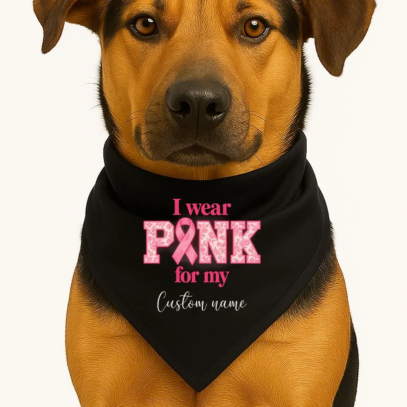 I Wear Pink for My Custom Name – Personalized Pink Ribbon Floral Breast Cancer Awareness Dog Bandana - Front 1