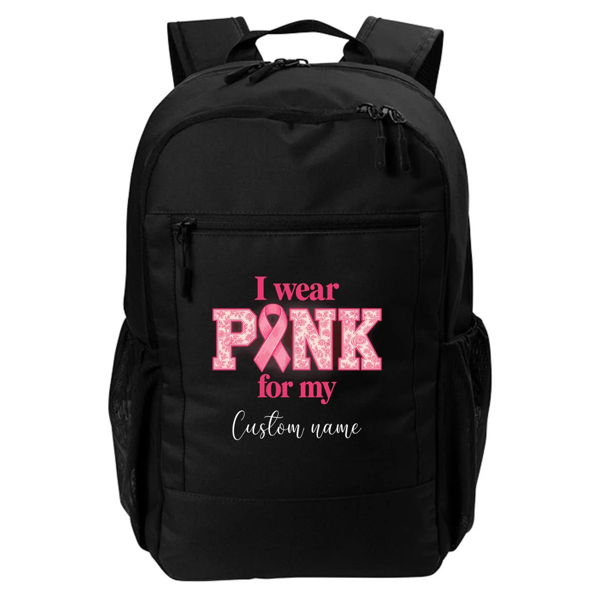 I Wear Pink for My Custom Name – Personalized Pink Ribbon Floral Breast Cancer Awareness Backpack - Front