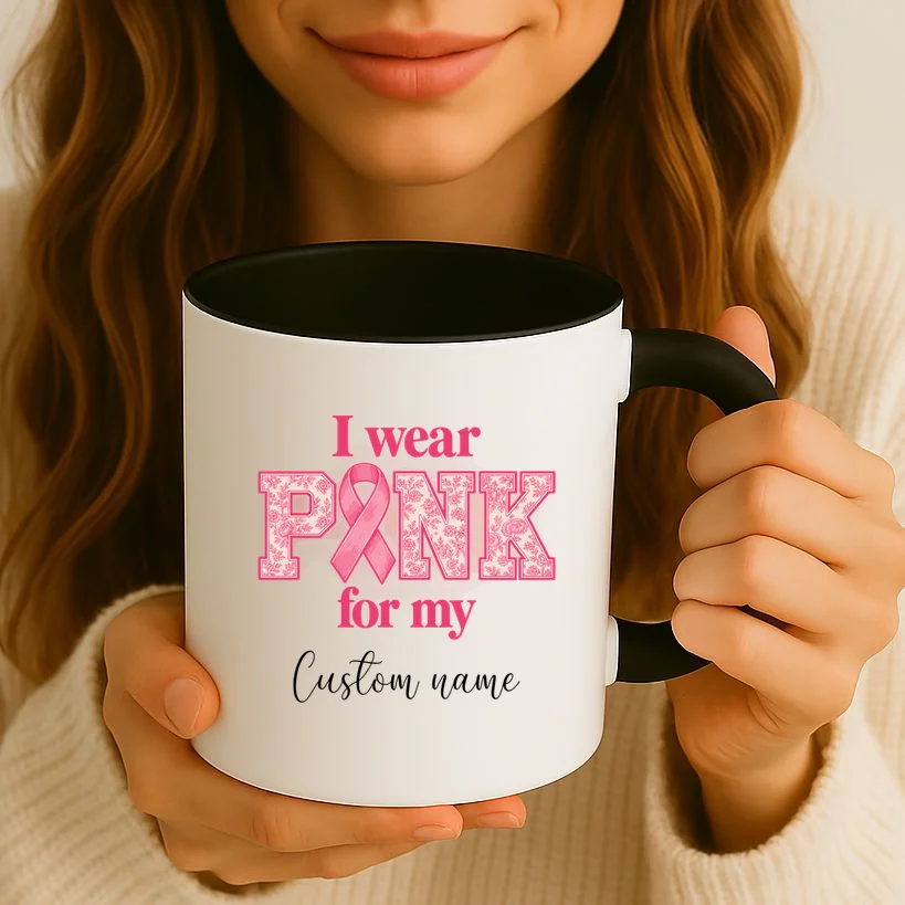 I Wear Pink for My Custom Name – Personalized Pink Ribbon Floral Breast Cancer Awareness Mug - Front 2