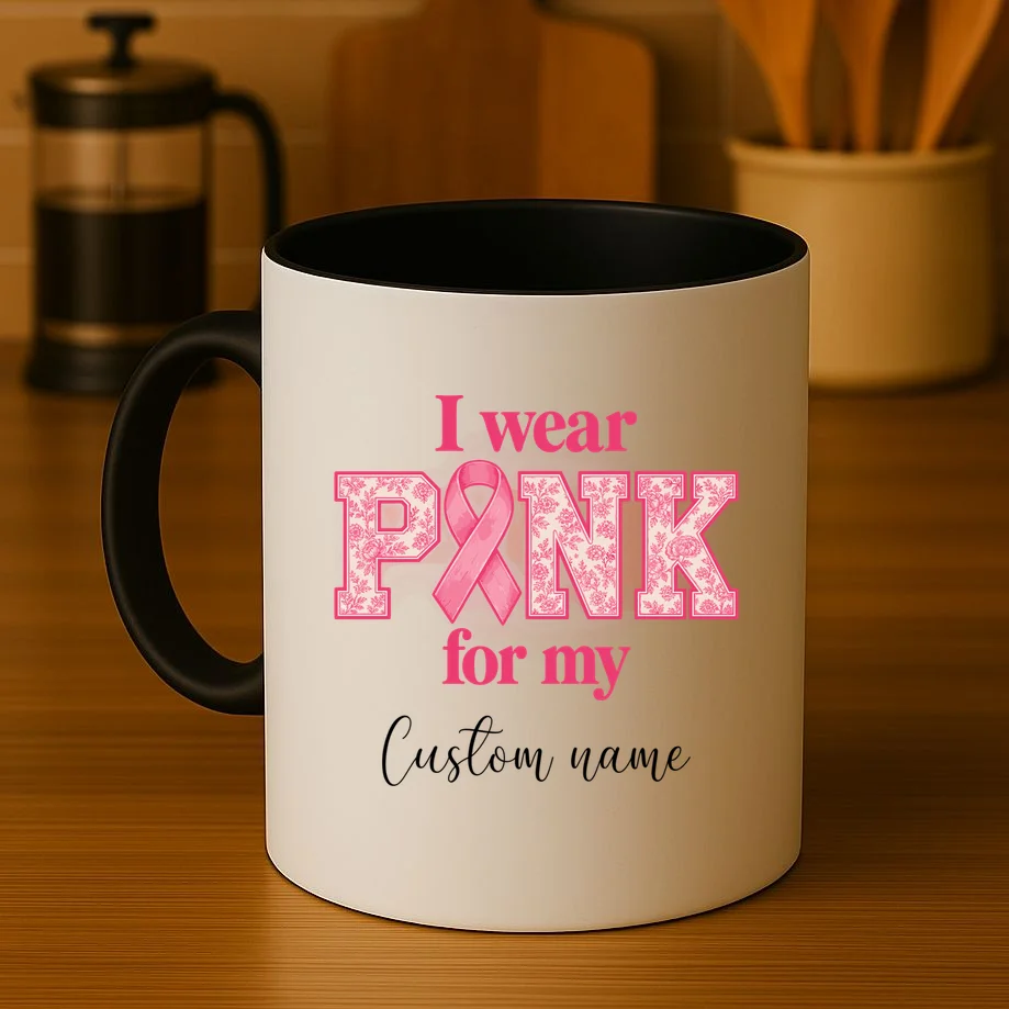 I Wear Pink for My Custom Name – Personalized Pink Ribbon Floral Breast Cancer Awareness Mug - Front 3