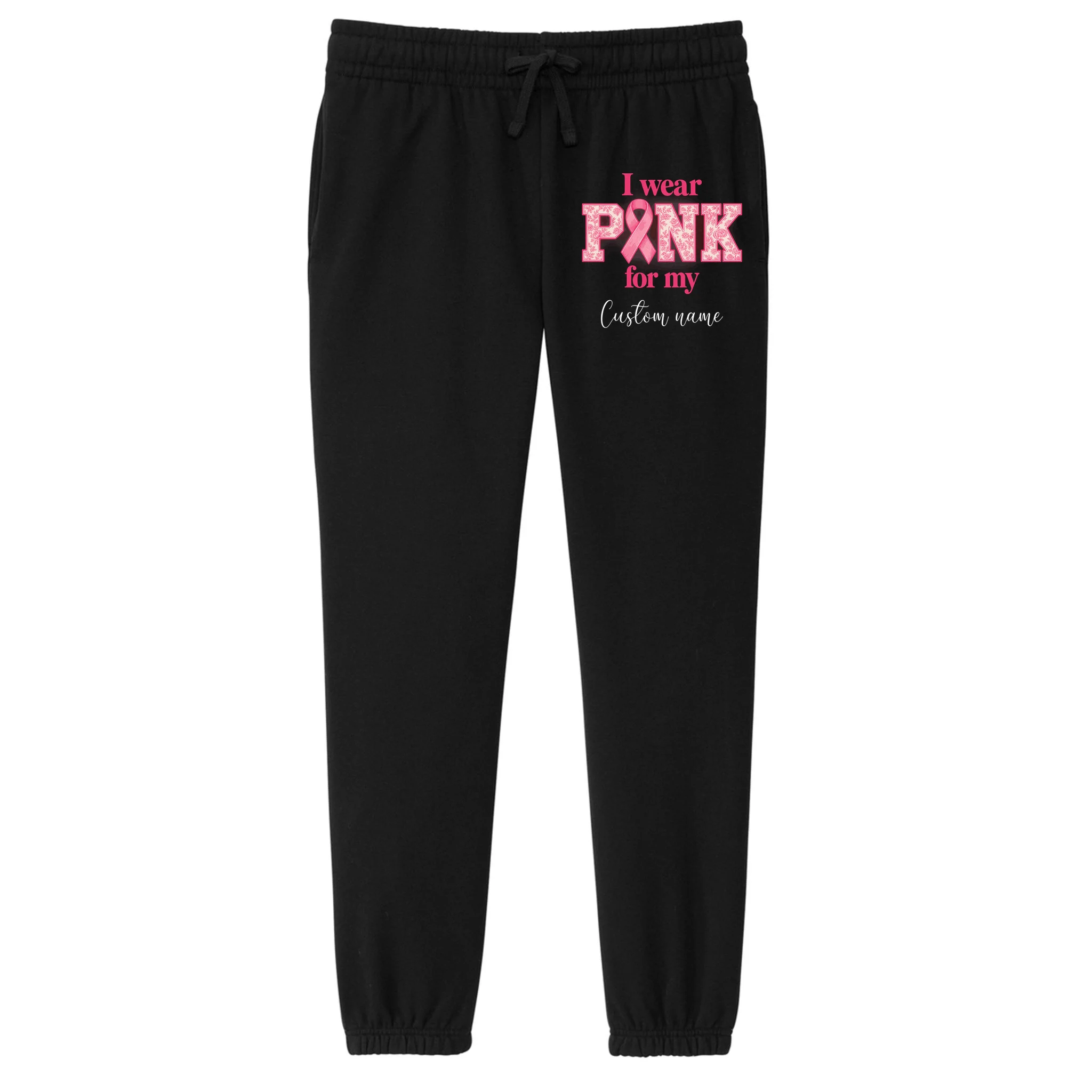 I Wear Pink for My Custom Name – Personalized Pink Ribbon Floral Breast Cancer Awareness Women's Fleece Sweatpants - Front
