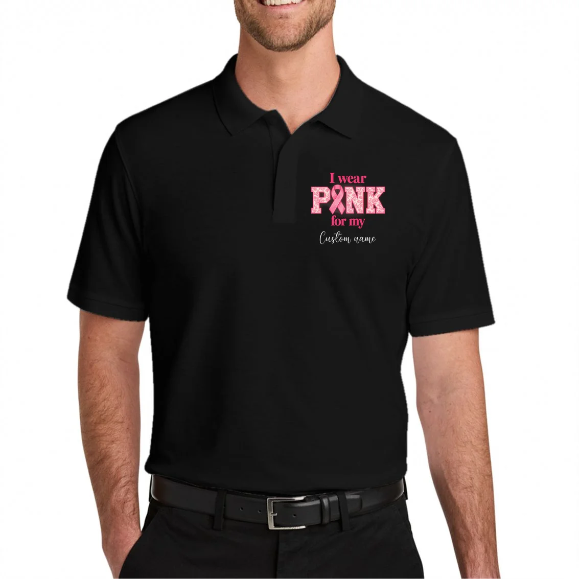 I Wear Pink for My Custom Name – Personalized Pink Ribbon Floral Breast Cancer Awareness Men's Polo - Front 1