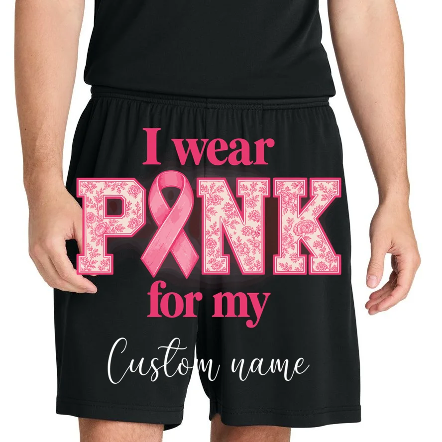 I Wear Pink for My Custom Name – Personalized Pink Ribbon Floral Breast Cancer Awareness Men's Shorts - Front 1