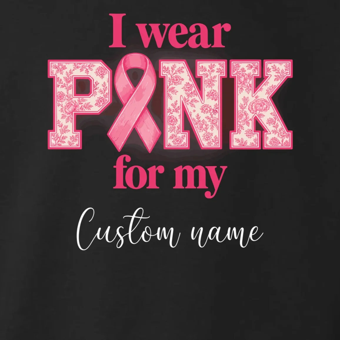 I Wear Pink for My Custom Name – Personalized Pink Ribbon Floral Breast Cancer Awareness Toddler Hoodie - Front - Close-up