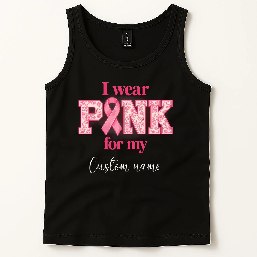 I Wear Pink for My Custom Name – Personalized Pink Ribbon Floral Breast Cancer Awareness Men's Tank Top - Front 1