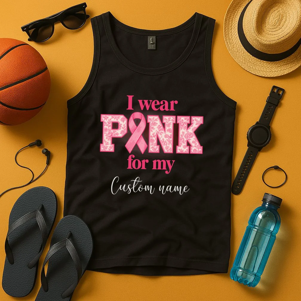 I Wear Pink for My Custom Name – Personalized Pink Ribbon Floral Breast Cancer Awareness Men's Tank Top - Front 3