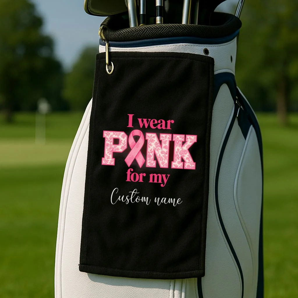 I Wear Pink for My Custom Name – Personalized Pink Ribbon Floral Breast Cancer Awareness Golf Towel - Front 2